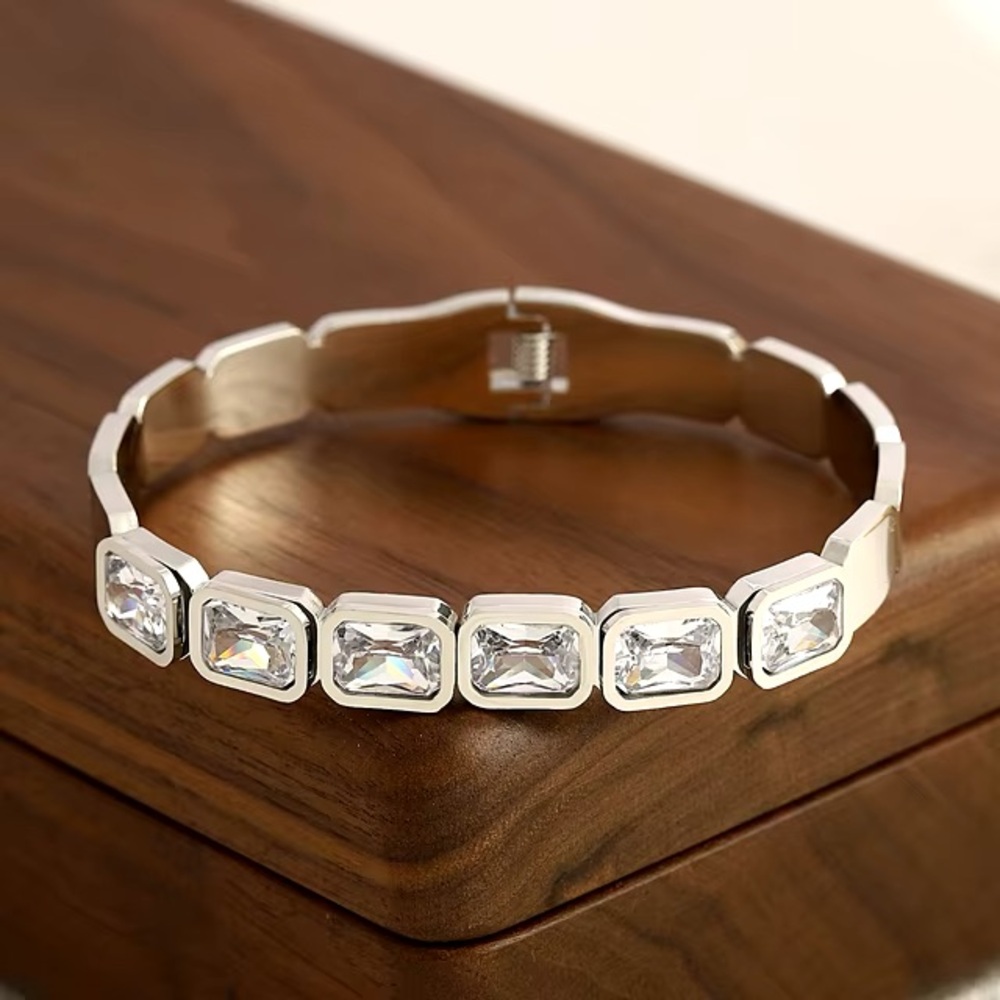 Waterproof Silver Bangle Bracelet*Cubic Zirconia Tennis Baguette Bracelet*JD
